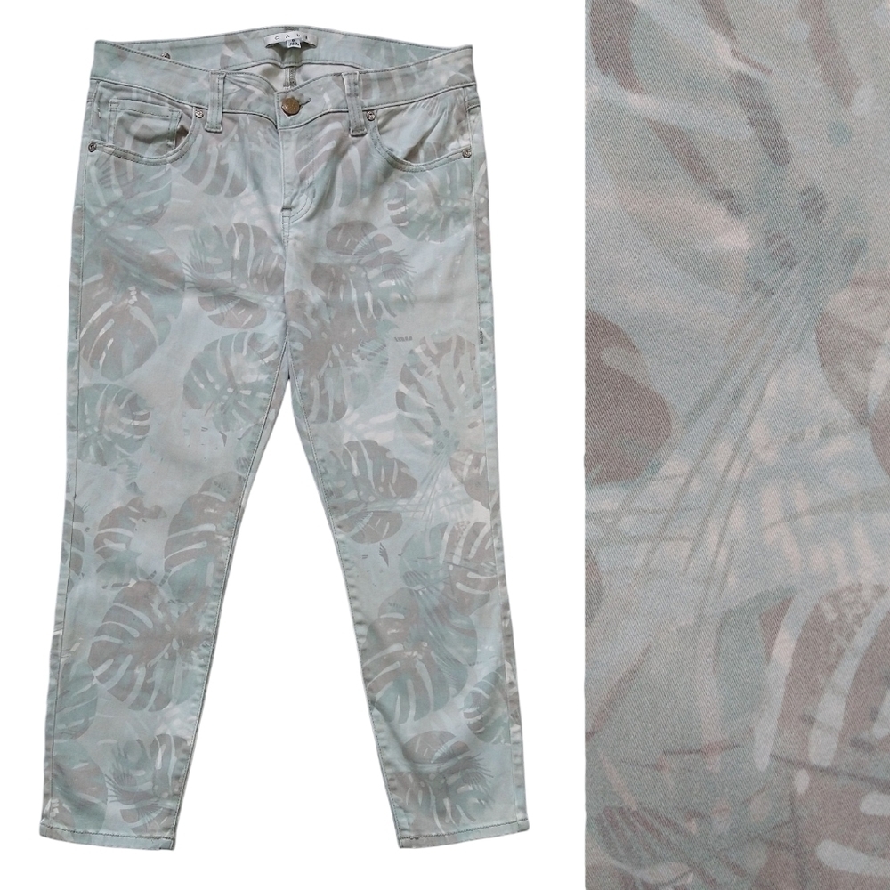 Cabi 227 Paradise Palm Tropical Leaf Cropped Skinny Jeans Light Green Mid Rise